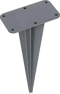 A gray metal ground anchor with a flat top plate and a pointed stake.