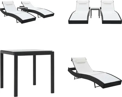 Image de vidaXL Bain de soleil 2 pcs. avec table Poly rotin et Textilène noir - Bain de soleil - Bain de soleil en rotin - Bain de soleil en rotin