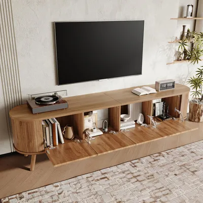 Image de OKWISH Meuble TV avec 4 Portes et Poignées Dorées, Grand Espace de Rangement pour Salon, en MDF et Panneaux de Particules, Naturel