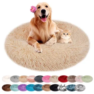 Image de Lit pour chien, forme ronde, en peluche, lavable, couleur marron clair, 80 cm de diamètre