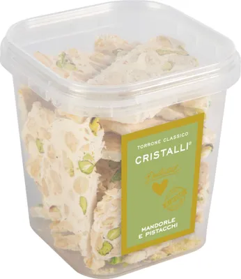 Produktbild von Torrone mit Mandeln und Pistazien in Stücken, Crunchy, Cristalli Pistacchi, 150g, weißer Nougat, Dolcital