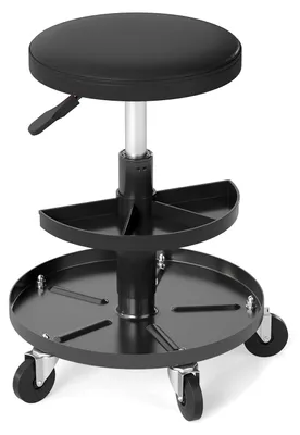 Produktbild von COSTWAY Werkstatthocker mit 2 Werkzeugablagen & 5 Rollen, Rollhocker drehbar 42–56cm höhenverstellbar, gepolsterter Arbeitshocker Werkstattwagen