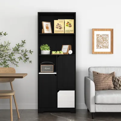 Produktbild von Multifunktionales Bücherregal mit offenem Stauraum, Türen und Schubladen, Schwarz-Weiß, moderner Stil, Aufbewahrungsschrank für Schlafzimmer und Wohnzimmer