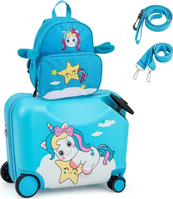 Produktbild von COSTWAY 2tlg Kinderkoffer + Rucksack, 12"+18" Kindertrolley mit Rollen und wasserdichter Hartschale, Kindergepäck, Rollkoffer mit Rucksack für Jungen und Mädchen (Blau Einhorn)