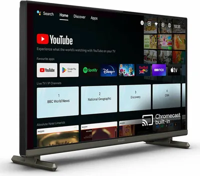 A television screen displaying a smart TV interface with various apps and channels.