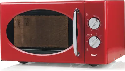 A red retro-style microwave oven is shown from a front-side angle against a white background.