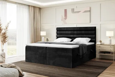 Produktbild von MEBLINI Boxspringbett mit Bettkasten - Gepolstert Doppelbett mit Matratze und Topper - Polsterbett mit Stauraum - Bett mit Kopfteil - Stauraumbett - KARIM - 180x200 - H3/Schwarz Samt