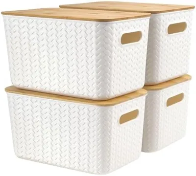 Productafbeelding van PromoHome® Set van 4 decoratieve opbergboxen met bamboe deksels - Stapelbare opbergboxen voor kantoor, huis en keuken