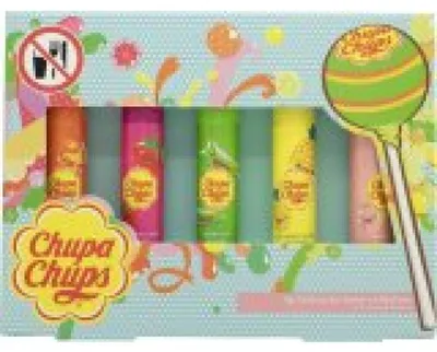 Zdjęcie produktu dla Kolekcja balsamów do ust Chupa Chups Lip Licking, 5 szt. – zestaw balsamów do ust (pomarańczowy, truskawkowy, melonowy, ananasowy, brzoskwiniowy)