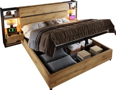 Obrázek produktu pro Postel Abrihome classic dvoulůžko -180×200 cm, dřevěná postel s úložným čelem a nabíjecím portem USB, hydraulické úložné lůžko (bez matrace)