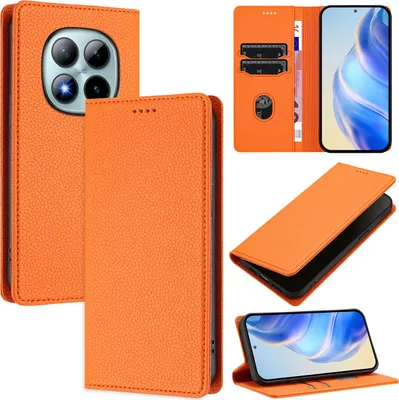 Produktbild von Litchi Leder Handyhülle für Xiaomi Redmi Note 15 Pro+ Wallet Kartenfächer Standfunktion Hülle Orange
