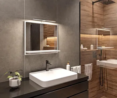 Produktbild von HAJDUK-MÖBEL Badspiegel Weiß mit LED Beleuchtung 4000K IP44 H 50 x B 60 cm – Schwarzes LED-Gehäuse – Moderner Badezimmer Spiegel mit Ablage