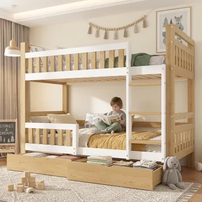 Image de Lit superposé 90 x 200 cm, divisible en deux lits simples, avec barrière de sécurité renforcée, échelle, 2 tiroirs, blanc/bois naturel, Image générée par une IA