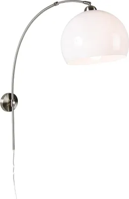 Produktbild von QAZQA - Modern Retro Wandbogenlampe aus Stahl I Silber I nickel matt mit weißem Schirm verstellbar I Wohnzimmer I Schlafzimmer - Stahl Länglich - LED geeignet E27