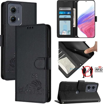 Produktbild von Leder Hülle für Motorola Edge (2024) Süße Katze Flip Case Brieftasche Schutzhülle mit Standfunktion Schwarz