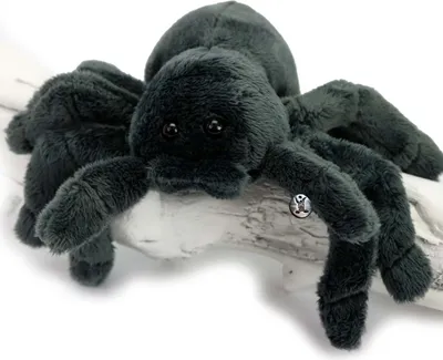 A plush toy spider is resting on a piece of driftwood.