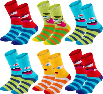 Produktbild von TippTexx 24 6 Paar Kinder Socken, handgekettelt, für Mädchen & Jungen, Lustige Monster, Größe 27-30