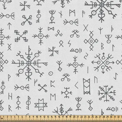 Produktbild von ABAKUHAUS nordisch Gewebe als Meterware, Viking Runen und Talismane Scandinavian Symbole mit dem Futhark Alphabet, 10 M (148 x 1000 cm), Dunkelgrau und Weiß