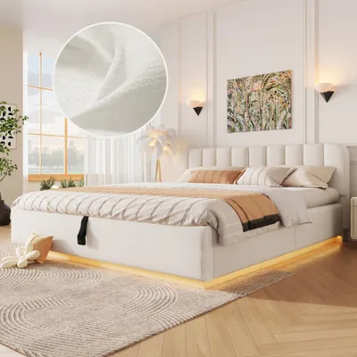 Zdjęcie produktu dla Łóżko tapicerowane, podwójne, 180 x 200 cm, z materacem sprężynowym, z zagłówkiem, tapicerowane zagłówki, z hydraulicznym podnośnikiem, z listwą LED, bez materaca, kolor beżowy, materiał: welur