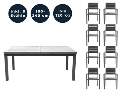 Produktbild von HOME DELUXE - Gartentisch ausziehbar - CALIDO - ca. 180 (240) x 97,5 x 76,5 cm - inkl. 8 Stühlen, Gestell Aluminium, Tischplatte Glas - inkl. Zubehör I Gartenmöbel Ausziehtisch Balkonset