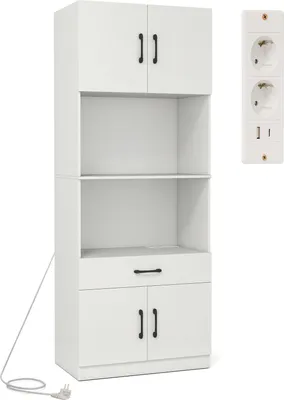 A white kitchen cabinet with shelves, a drawer, and doors, shown with a power outlet strip to the right and a power cord extending from the bottom left.