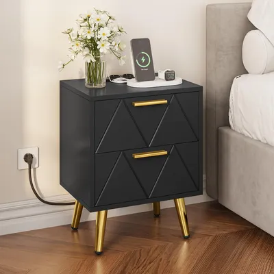 Image de Table de nuit avec 2 tiroirs, ports USB et prises - Noir avec pieds dorés