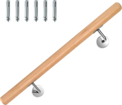 Obrázok produktu pre Vigevee, drevená zábradlie z bukovej preglejky, 50 cm, zábradlie z masívneho dreva s nerezovými konzolami na upevnenie, priemer 4,2 cm, lakované, vhodné pre schody, chodby, kúpeľne, záhradné schody