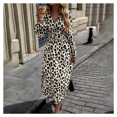 Produktbild von Maxikleid Langarm Damen Leoparden Kleid Wickelkleid V-Ausschnitt Leo Winterkleid Rüschenkleid Casual Herbstkleid Langes Blusenkleid Freizeitkleid