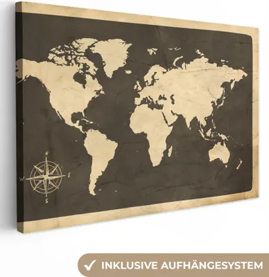 Produktbild von OneMillionCanvasses® - Leinwandbilder - 150x100 cm, Weltkarte - Kompassrose - Vintage, Wandbilder Kunstdruck Wanddekoration
