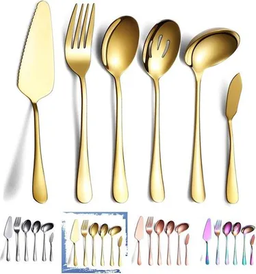 Productafbeelding van Unyqoos® 6-delige gouden serveerset (Titanium Gold), roestvrij staal – taartsnijder, serveerlepel, opscheplepel, vleesvork, botermes, soeplepel