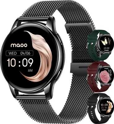 Produktbild von Maoo Ventura AMOLED Smartwatch Damen, RVS und 3x Silikonarmband, Schrittzähler, Herzfrequenzmesser, Schlafmonitor, Multisport, Android & iOS, Schwarz