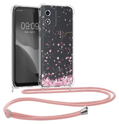 Produktbild von kwmobile Necklace Case kompatibel mit Motorola Moto E13 Hülle - Silikon Cover mit Handykette - Rosa Dunkelbraun Transparent Kirschblütenblätter