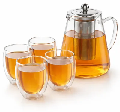 Produktbild von Arendo Teekanne Glas 1,2 l, Edelstahlsieb und 4 Thermogläsern 350 ml, doppelwandige Gläser ohne Henkel, aus Borosilikatglas, Glaskanne, 6 Teile, transparent-silber