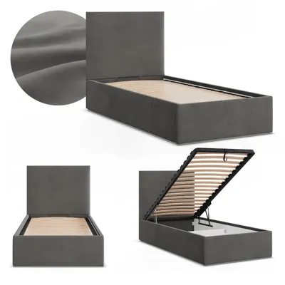 Produktbild von Einzelbett 90x200 Polsterbett PAOLA mit Bettkasten, hochklappbarer Lattenrost, Stauraum, Dunkelgrau