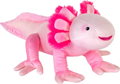 A plush toy axolotl is shown against a white background.