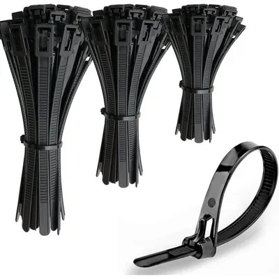 Immagine prodotto di Fascette stringicavo riutilizzabili, colore nero, lunghezze 150/200/300 mm (50 pezzi per lunghezza), diametro 7,6 mm, resistenti ai raggi UV, in nylon. Set da 150 pezzi