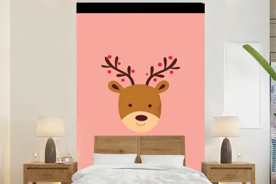 Produktbild von MuchoWow® Fototapete für Wohnzimmer oder Schlafzimmer Wandtapete Vinyl Motivtapete Rentier - Weihnachten - Rosa - Winter - 160x240 cm - Vinyltapete