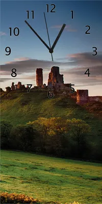 Produktbild von Wallario Design Wanduhr bedruckt, Größe 30 x 60 cm, Motiv: Schlosspanorama in England bei Sonnenaufgang