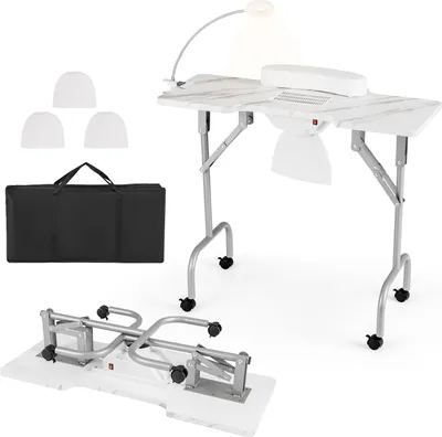 Image de COSTWAY Table de manucure pliable avec collecteur de poussière électrique, bureau portable pour prothésiste ongulaire avec lampe LED Blanc