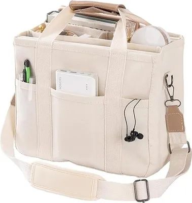 Obrázek produktu pro ASKAS Canvas Tote Bag Dámské Multi-Pocket Bag příležitostné organizované rameno Tote Bag pro studenty, matky, kancelářské pracovníky, béžová