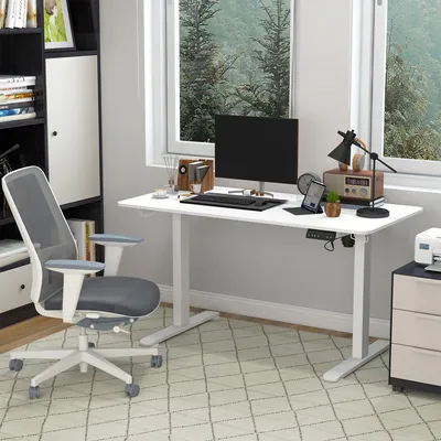 Immagine prodotto di scrivania da lavoro okwish scrivania elettrica in piedi con 2 prese per cavi, scrivania per computer scrivania per ufficio con 2 ganci e gestione dei cavi, bianco