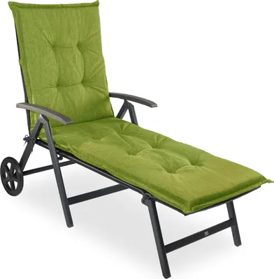 A green cushioned chaise lounge chair on a white background.