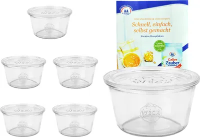 Produktbild von 6er Set Weck Gläser Sturzgläser 290ml nieder, 1/5L Gläser mit 6 Glasdeckeln inkl. Rezeptheft