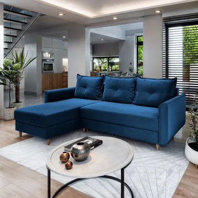 Zdjęcie produktu dla Masseno Narożnik PISAN R-S z funkcją spania i pojemnikiem na pościel Kształt L, Rozkładana sofa, Rogówka - Niebieski, KRONOS 09