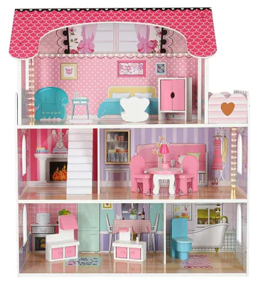 Immagine prodotto di Casa delle bambole in legno MDF + mobili LED rosa da 70 cm