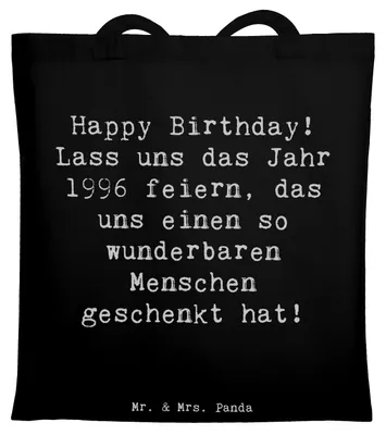 Produktbild von Mr. & Mrs. Panda Jutebeutel Spruch 1996 Geburtstag - Schwarz - Geschenk, Laptoptasche, besondere Erinnerung, Stoffbeutel, Happy Birthday, Tote Bag, Tasche, Geburtsjahr