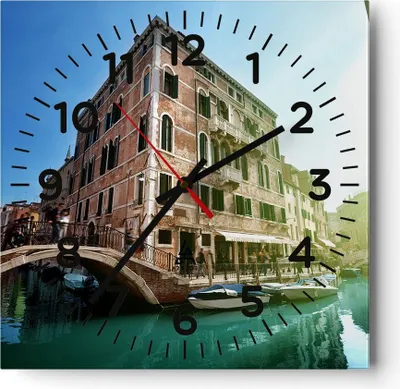 Produktbild von Wanduhr - Quadrat - Glasuhr - Kanal Wasser Venedig Haus - 30x30cm - Schleichendes Uhrwerk - Lautlos - zum Aufhängen bereit - Dekoration Modern - Wanddekoration aus Glas - C4AC30x30-2725