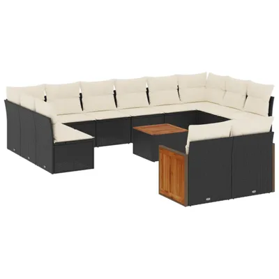 Produktbild von Garten-Sofagarnitur, 13-teilig, modular, Poly Rattan Schwarz, Akazienholz-Tisch, Stauraum, wasserabweisende Kissen Cremeweiß, UV-beständig
