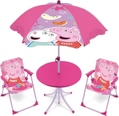 Produktbild von ARDITEX Kinder-Tischset Peppa Pig mit 2 Stühlen & Sonnenschirm – Perfekt für Kinderzimmer, Garten & Balkon
