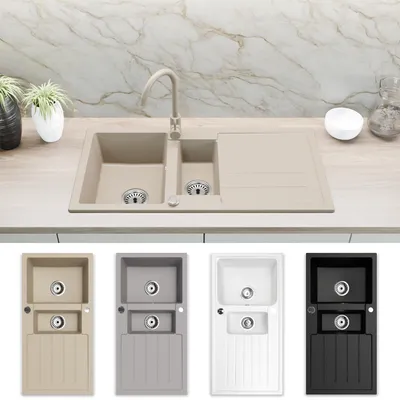 Produktbild von Faizee Home | Napoli Granitspüle beige 100x50 cm | 2 Becken & Abtropffläche | inkl. Genial Küchenarmatur und Siphon | Beidseitig montierbar